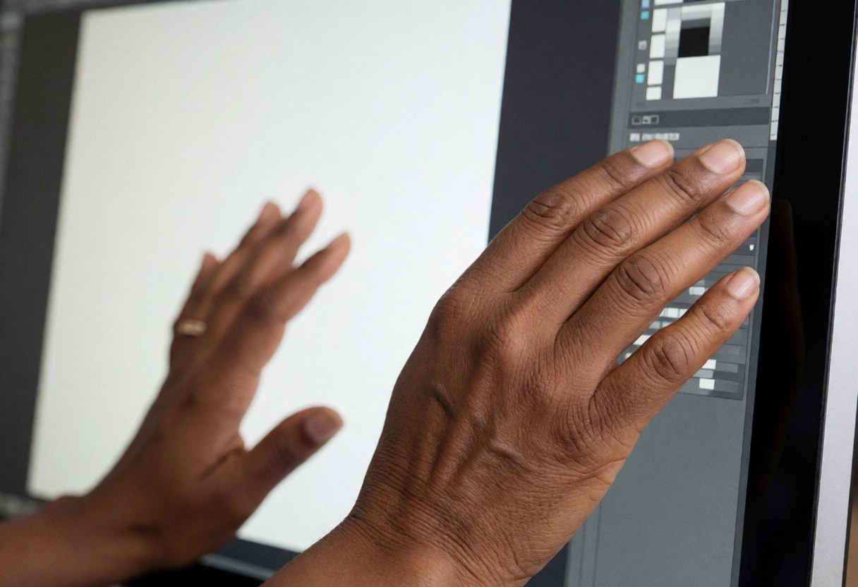 Close-up view of hands using a computer mouse to edit a photograph on a monitor screen in a professional photo studio setting