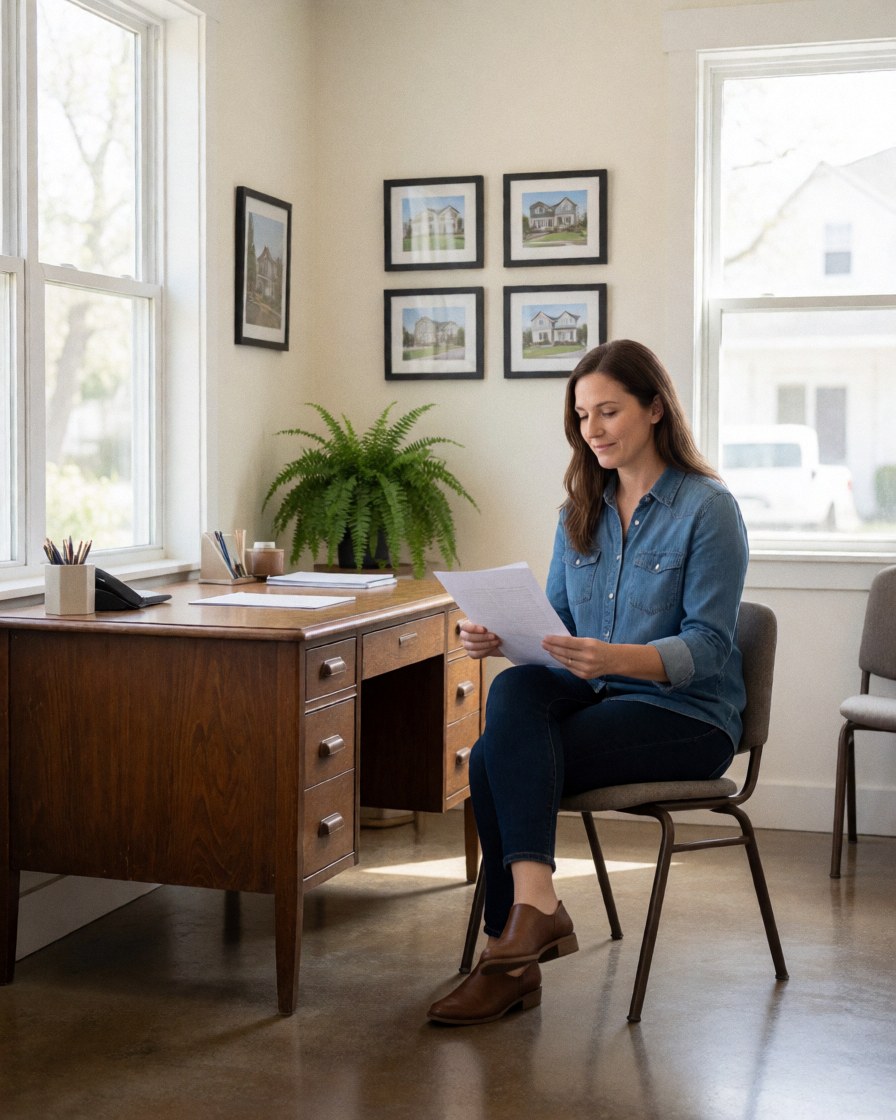 A satisfied woman sits at a desk in a modern office, reviewing real estate documents with a professional demeanor.