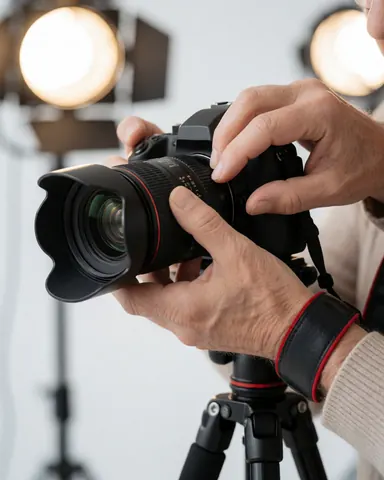 Photographer hands adjusting focus ring on camera lens in studio with background lights and visible tripod