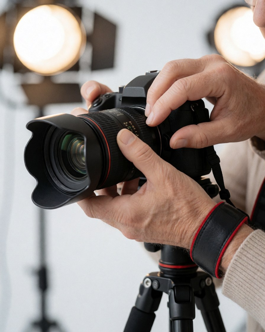 Photographer hands adjusting focus ring on camera lens in studio with background lights and visible tripod