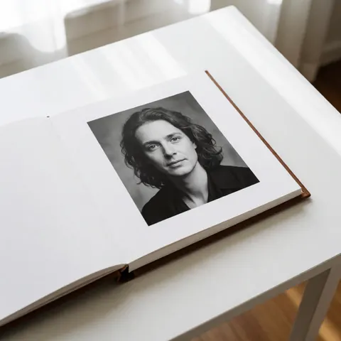 A completed black and white photo album resting on a table in a professional studio setting with natural light