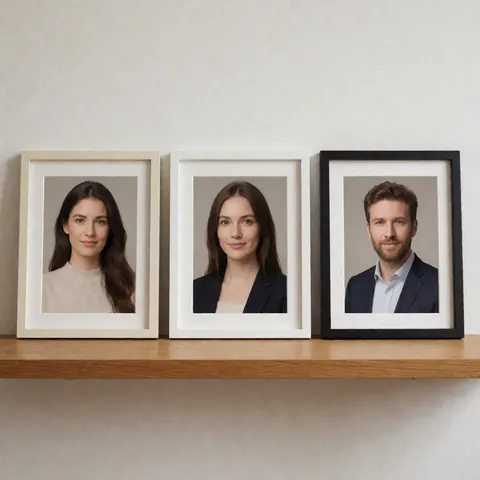 A collection of framed portraits displayed on a wooden shelf against a neutral wall, suitable for professional business portfolios and office decor.