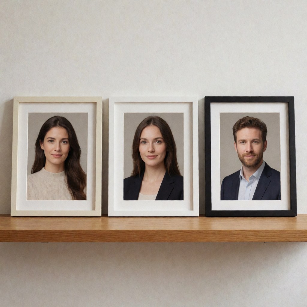 A collection of framed portraits displayed on a wooden shelf against a neutral wall, suitable for professional business portfolios and office decor.