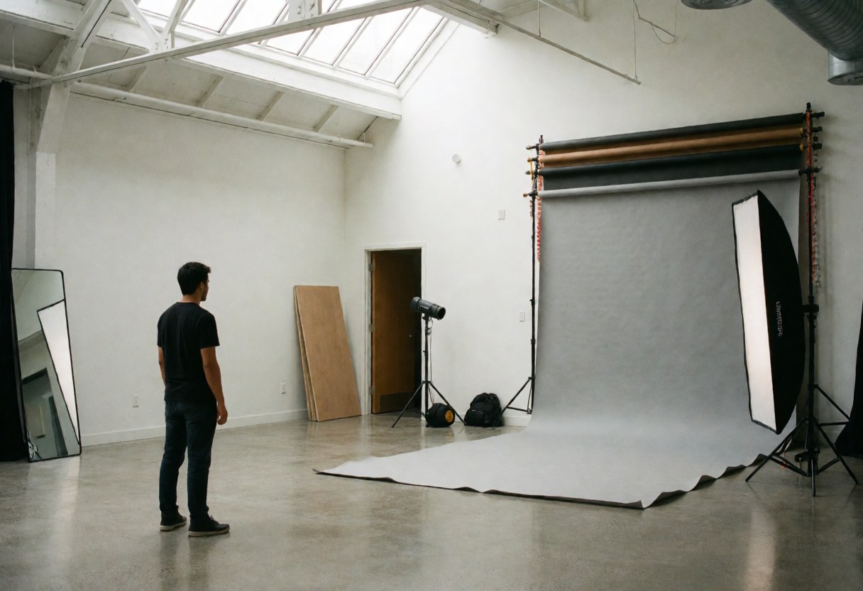Clean modern photo studio featuring a gray backdrop, professional lighting setup, and polished floor for commercial product photography.