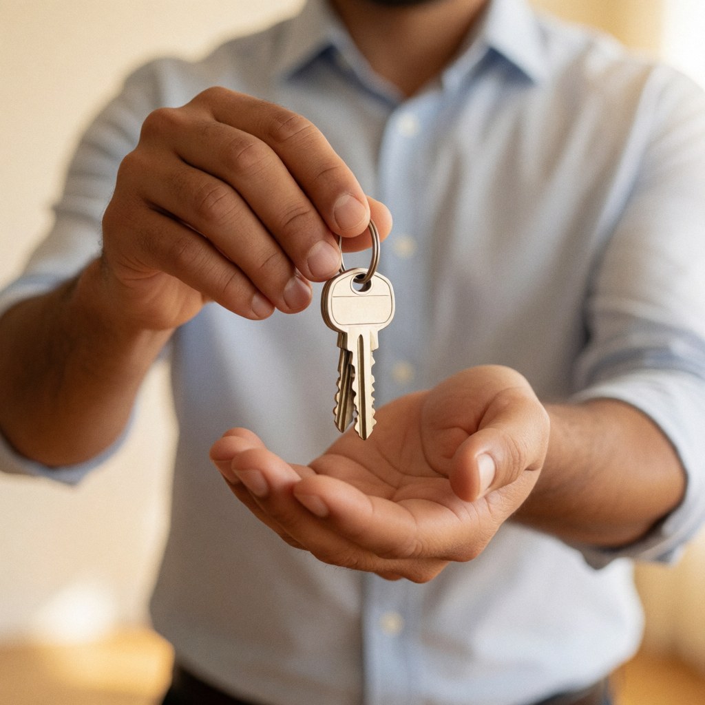 A close-up view of a hand handing over a set of house keys, symbolizing the successful completion of a real estate transaction and the delivery of a new home to the owner.