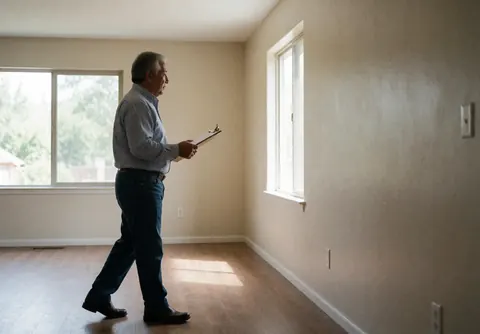 An older man walks through an empty home holding a portfolio while evaluating the walls and floor under natural light in a professional setting.