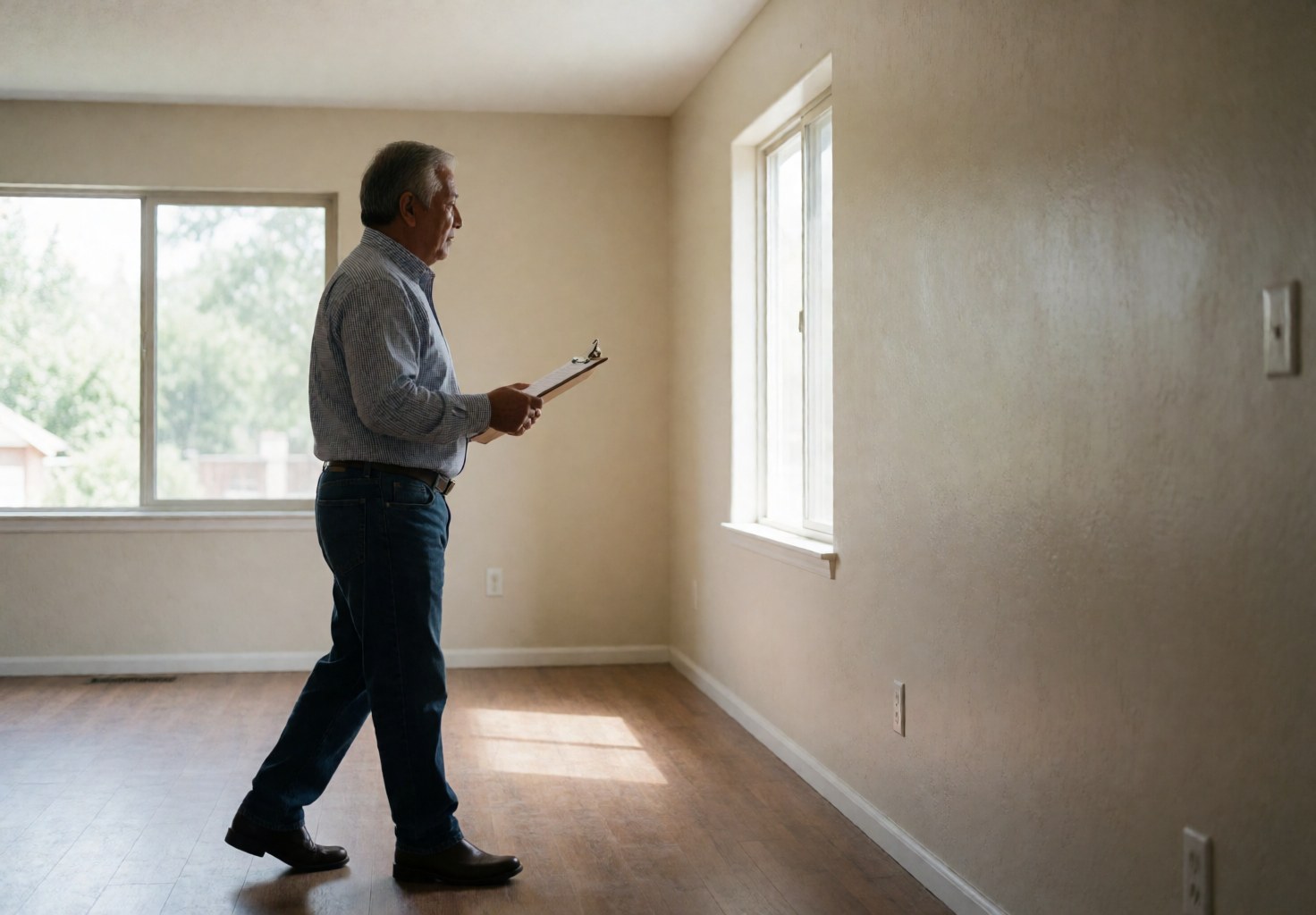 An older man walks through an empty home holding a portfolio while evaluating the walls and floor under natural light in a professional setting.