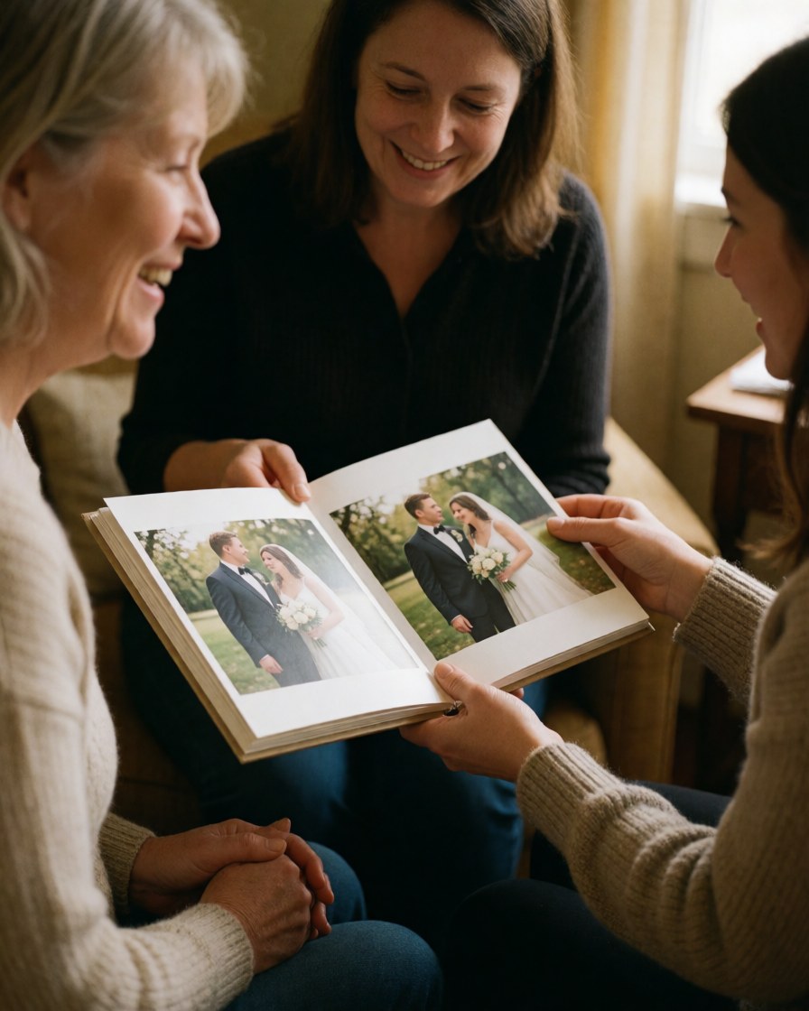 Three smiling women look at a wedding photo album in a warm room, enjoying the moment and sharing memories.