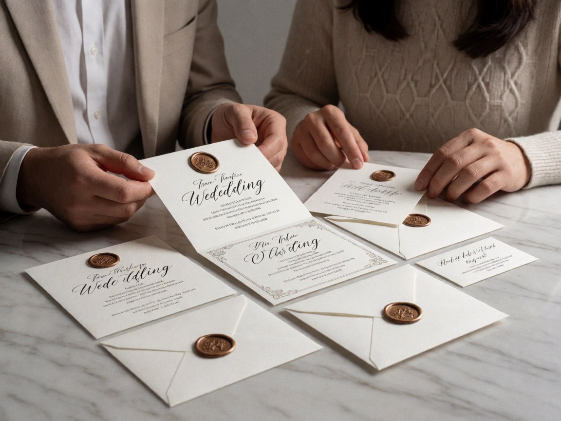 Close-up of elegant wedding invitations with wax seals on a marble surface, with a couple's hands reviewing the details for a luxurious look