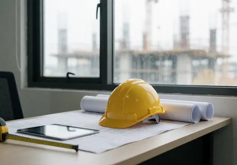 Yellow hard hat resting on construction blueprints on an office desk with a tablet and tape measure, with a construction site view through the window.
