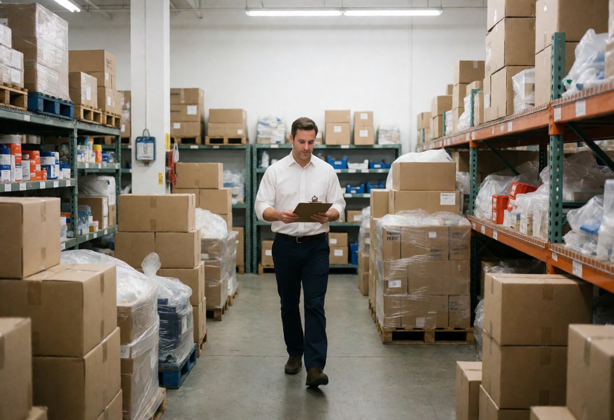 Plumbing store manager walking through warehouse aisle carrying a portfolio, surrounded by shelves with boxes and products under functional lighting