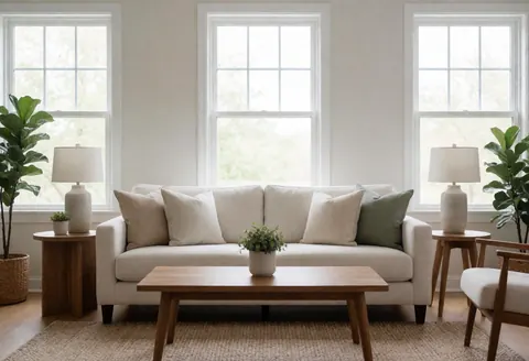 A bright and cozy living room with a sofa, coffee table, plants, and large windows, ready for a real estate showing