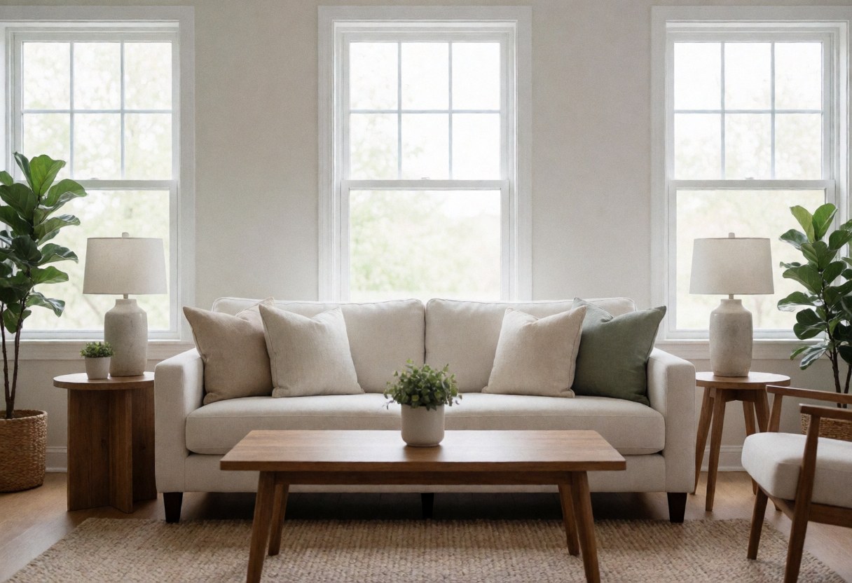 A bright and cozy living room with a sofa, coffee table, plants, and large windows, ready for a real estate showing