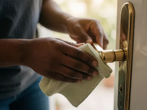 Close-up of hands using a cloth to clean and polish metal door handles and hardware, highlighting attention to detail in home maintenance and property care.