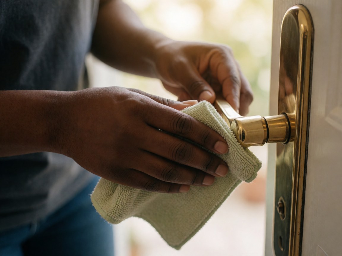 Close-up of hands using a cloth to clean and polish metal door handles and hardware, highlighting attention to detail in home maintenance and property care.
