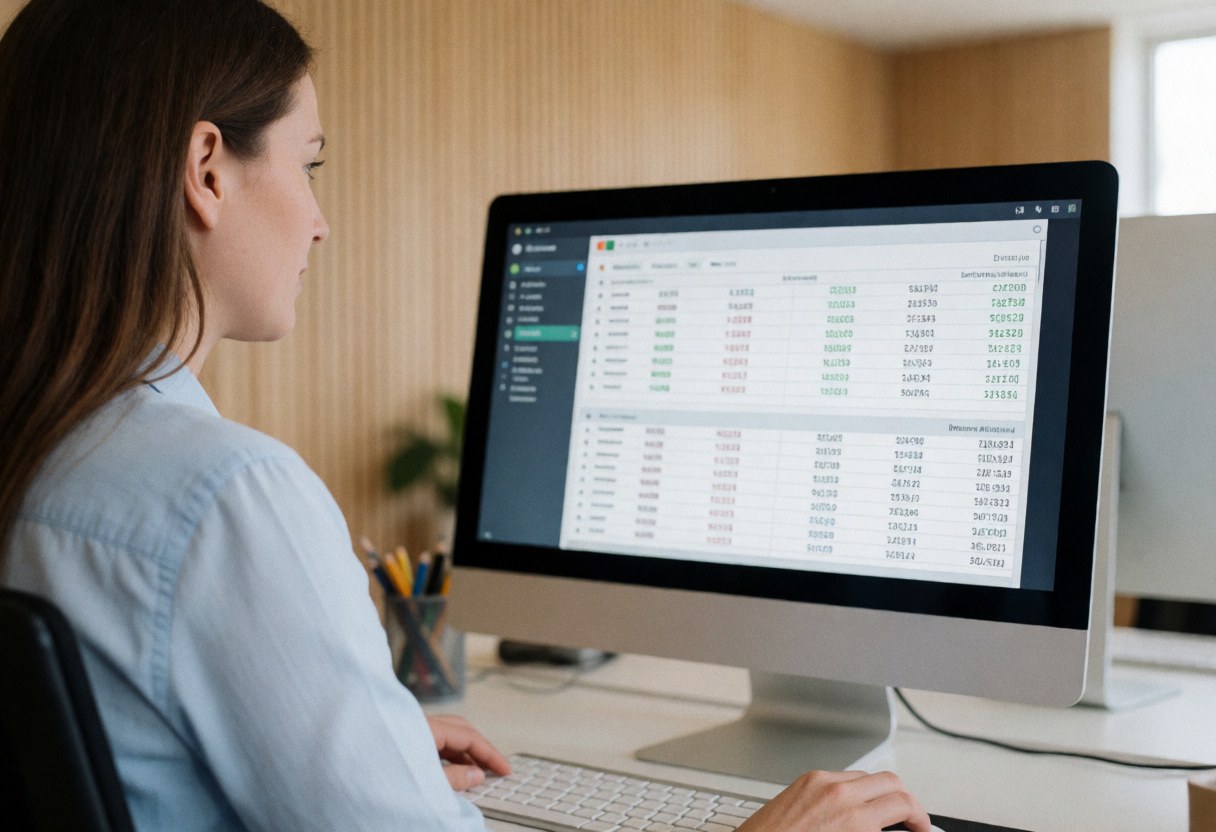 Close-up view of hands typing on a keyboard while reviewing financial reports on a computer screen in a modern office setting