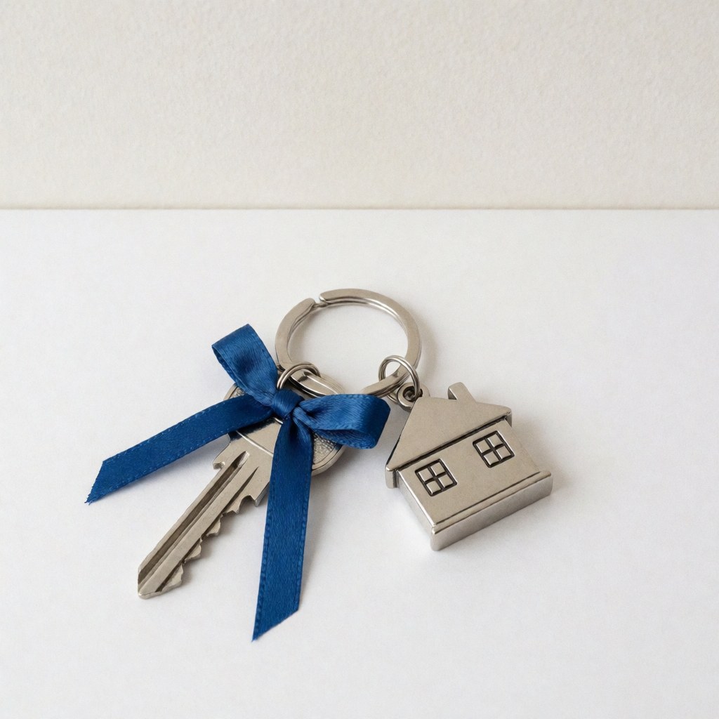 A white house-shaped keychain with a blue ribbon attached, displayed against a clean white background, symbolizing real estate property and home ownership.