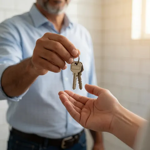 A close-up view of a hand holding a set of house keys against a white tiled background, symbolizing the final delivery of a completed property to a client.