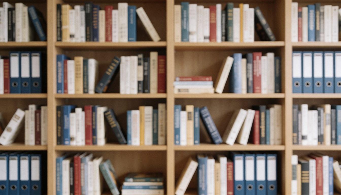Wooden shelves filled with books and folders, soft warm neutral tones ideal for consulting and strategy text overlays