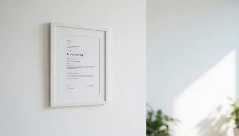 Framed accounting certificate on a white wall with natural lighting and empty space on the right for text in a professional minimalist office setting