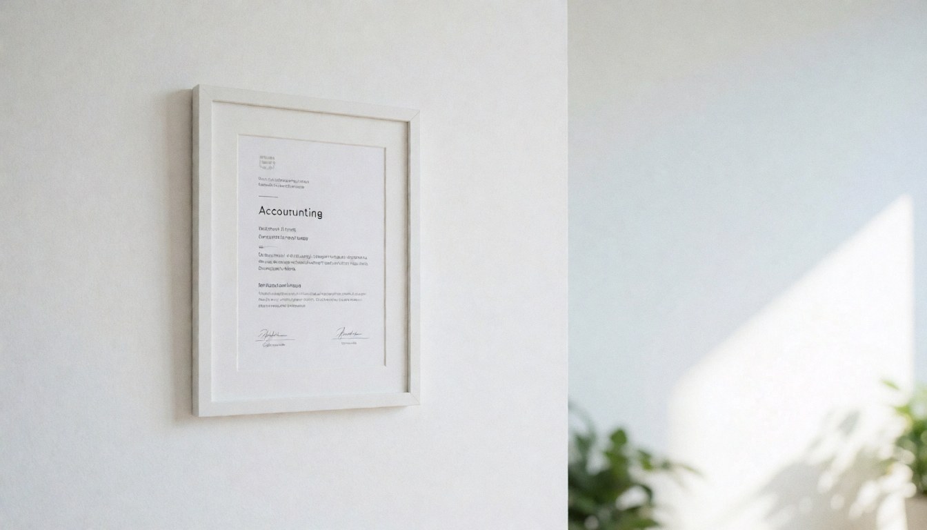 Framed accounting certificate on a white wall with natural lighting and empty space on the right for text in a professional minimalist office setting