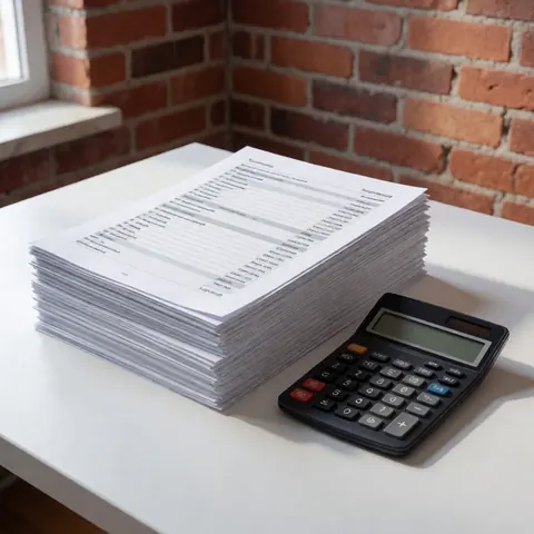 A pile of accounting reports and a black calculator on a white desk with a red brick wall background and natural lighting.