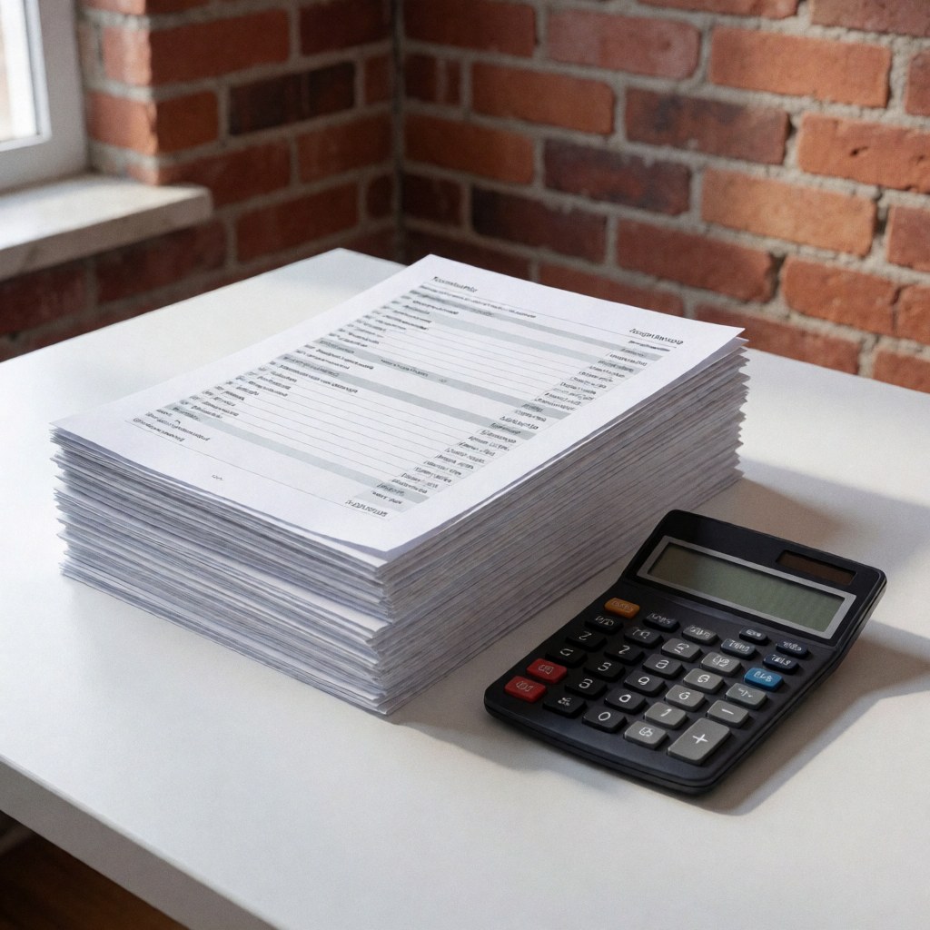 A pile of accounting reports and a black calculator on a white desk with a red brick wall background and natural lighting.