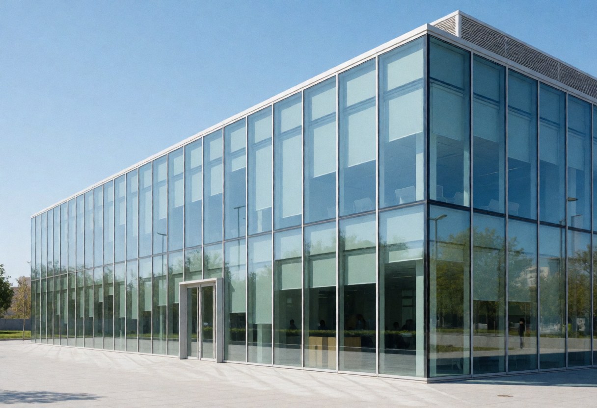 Exterior view of a modern glass consulting office building with a clean facade and blue sky reflection