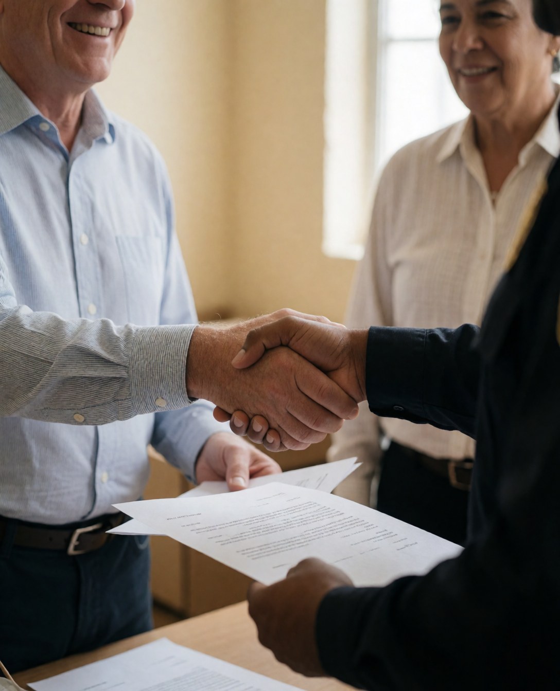 Smiling business owner signs a security agreement with a guard in a professional office setting, focusing on hands and the document.