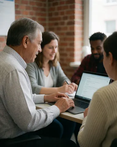 An older man sits at a desk with a laptop during a professional meeting with colleagues in an office with a brick wall.