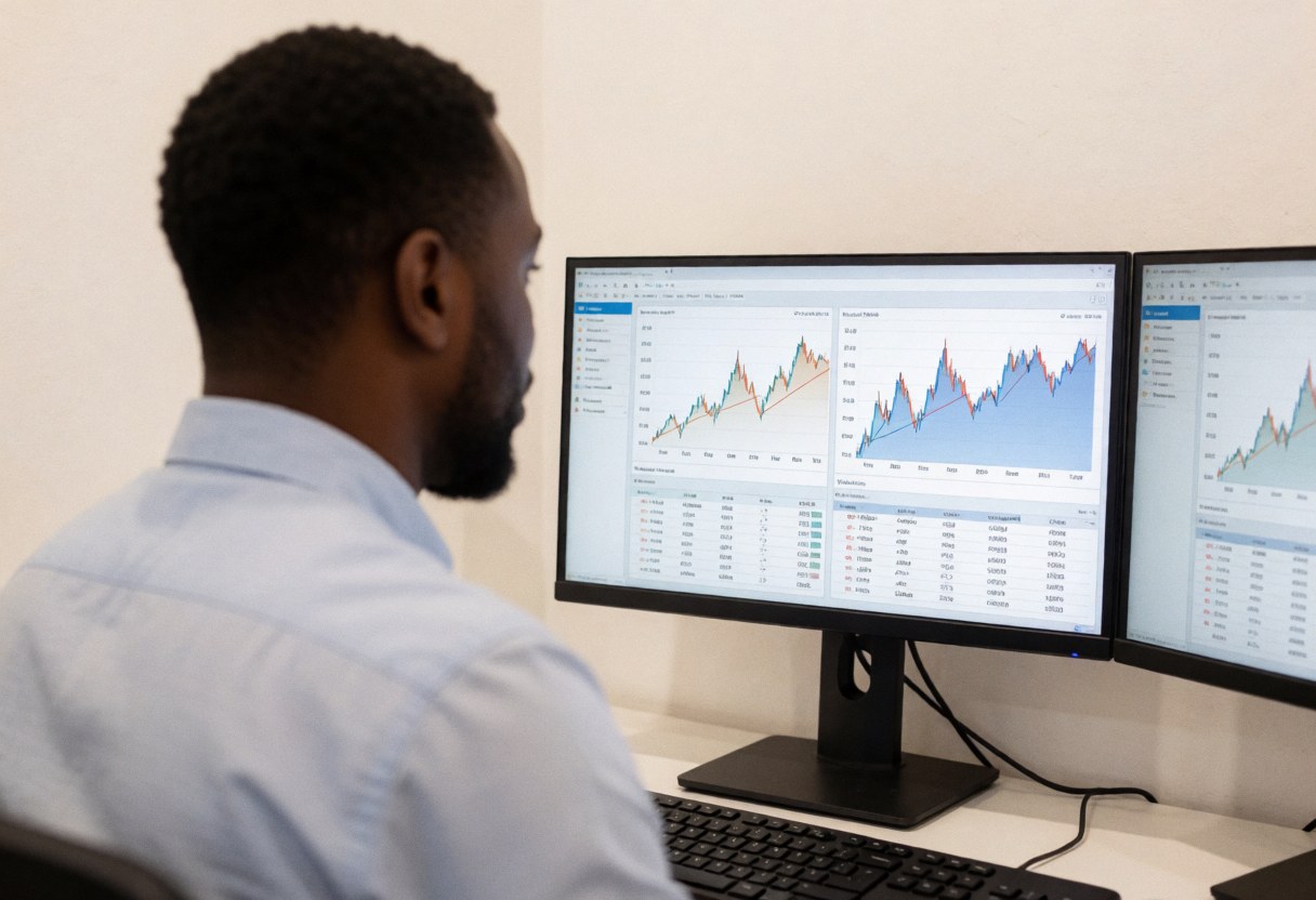 A professional consultant working at a modern office desk, reviewing financial data and performance charts on dual computer screens for strategic business analysis.
