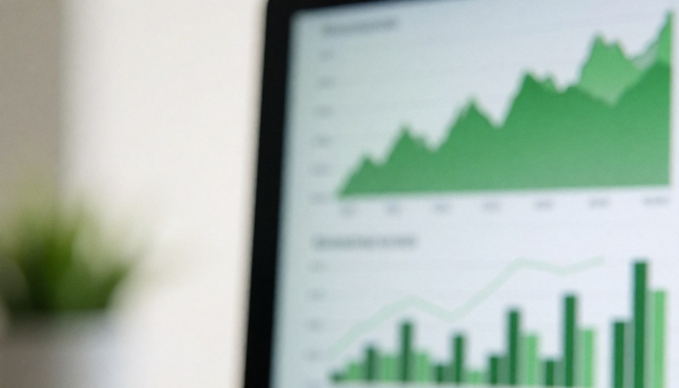 Abstract background featuring green financial charts on a screen, suitable for accounting text overlays with a professional and soft atmosphere.