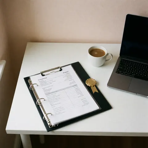 Financial report in a binder with a gold seal, laptop, and coffee cup on a white desk in a professional office setting.