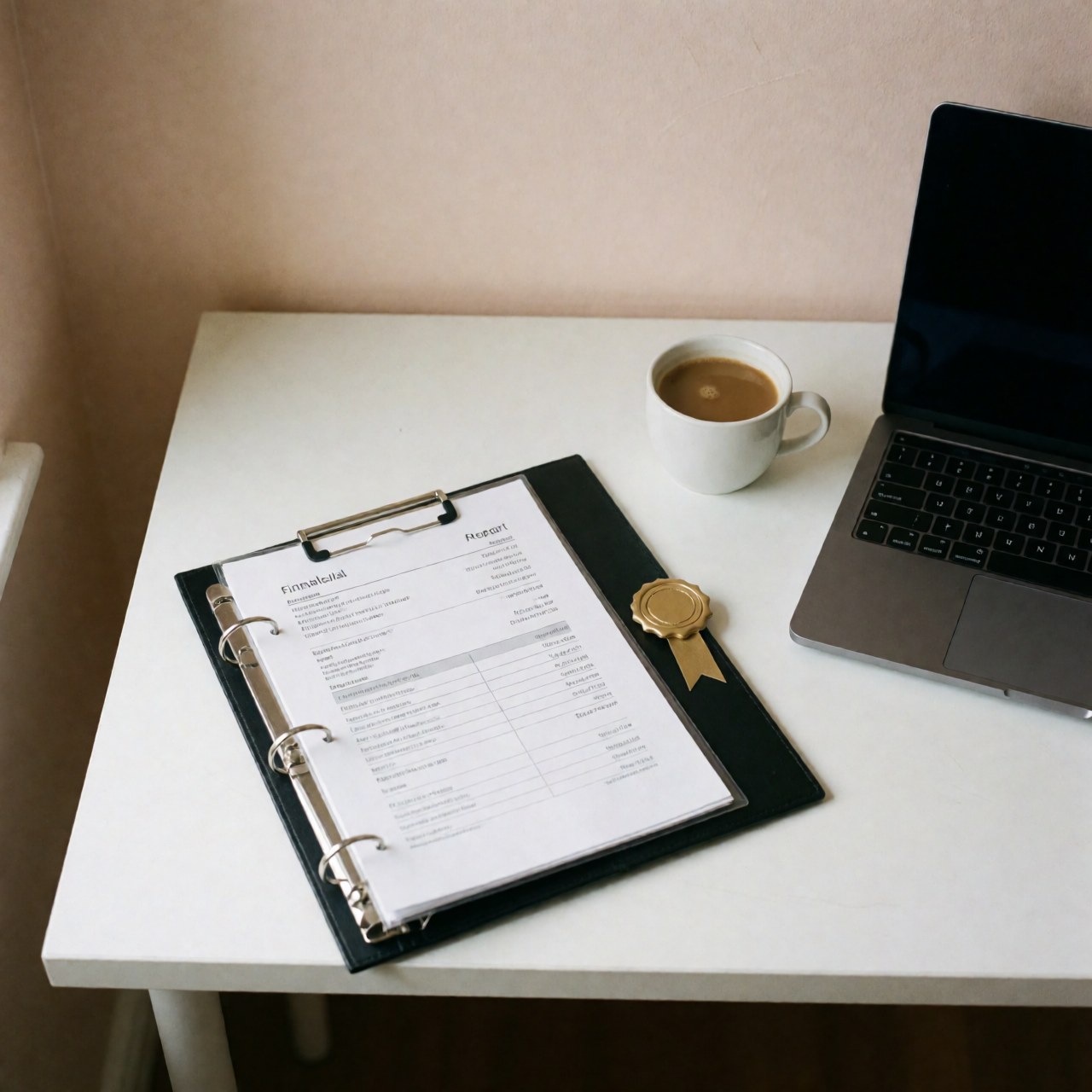 Financial report in a binder with a gold seal, laptop, and coffee cup on a white desk in a professional office setting.