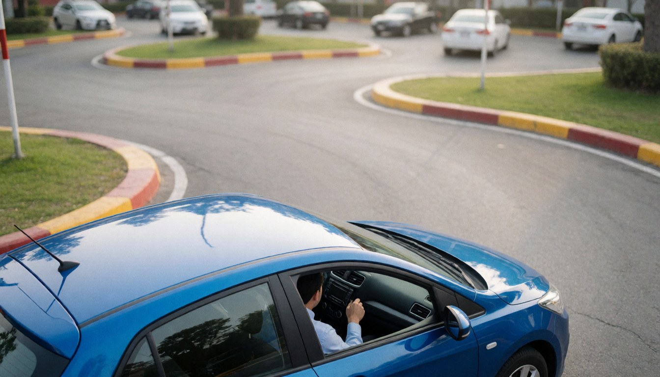 A blue car with an instructor driving on a curved handling track, with other cars in the background under a clear sky.