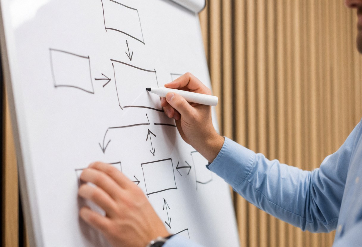 Professional drawing a flowchart on a whiteboard with a marker, focused on strategic planning, blurred wooden background.