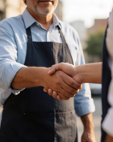 A mature man in an apron shaking hands with a professional driving school instructor in a warmly lit indoor setting
