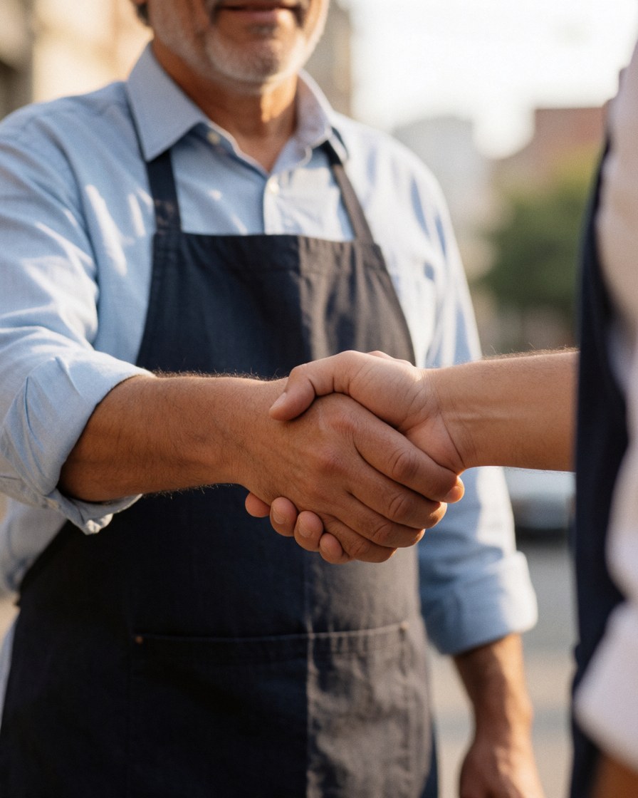A mature man in an apron shaking hands with a professional driving school instructor in a warmly lit indoor setting