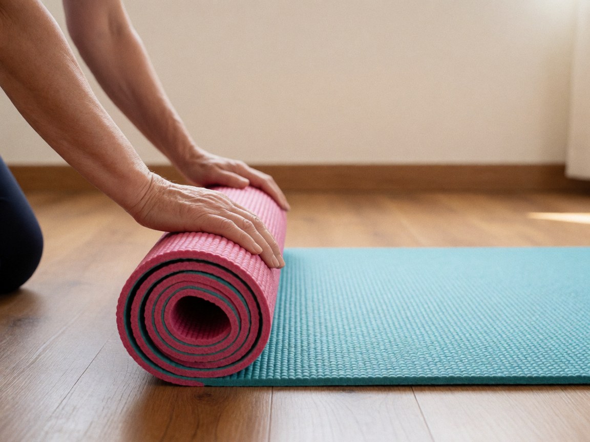 An unrolled yoga mat resting on a wooden floor, ready for practice, with natural light highlighting its texture and grip for wellness activities.