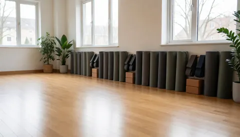 Empty yoga studio interior featuring wooden floors, large windows, rolled blankets, blocks, straps, and plants illuminated by soft natural light.