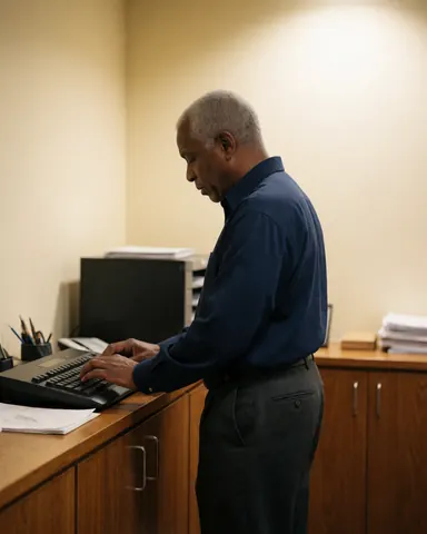 An older man standing in an office, focused on typing on a computer placed on a wooden desk with cream walls and office furniture.