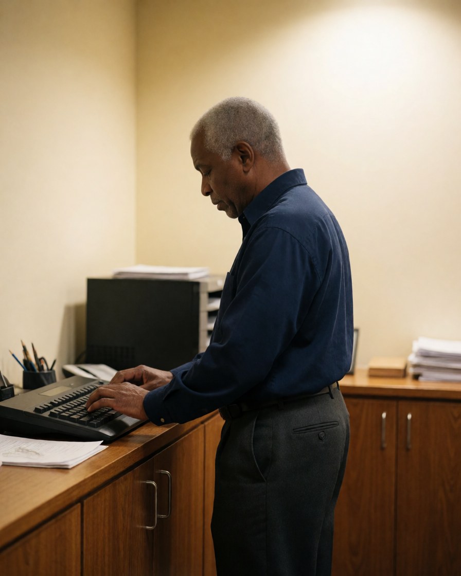 An older man standing in an office, focused on typing on a computer placed on a wooden desk with cream walls and office furniture.