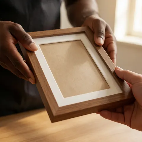 Close-up of hands holding a light wood photo frame, showcasing texture and warm studio lighting for professional photography services