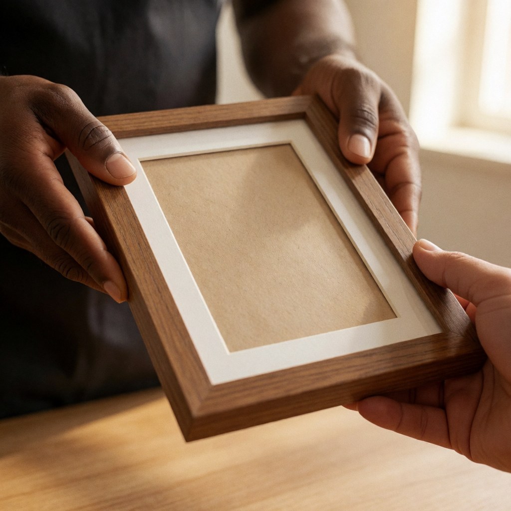 Close-up of hands holding a light wood photo frame, showcasing texture and warm studio lighting for professional photography services