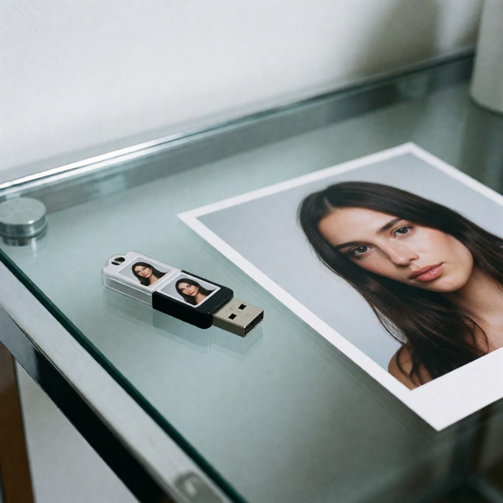 A usb flash drive and a printed photograph resting on a clear glass table surface in a professional studio setting