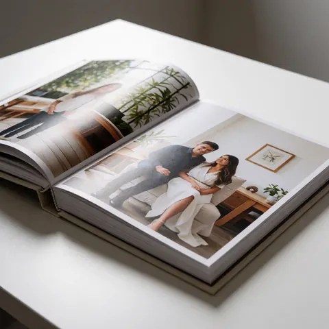 A printed photo album resting on a table surface, showcasing a professional photography studio product for business use.