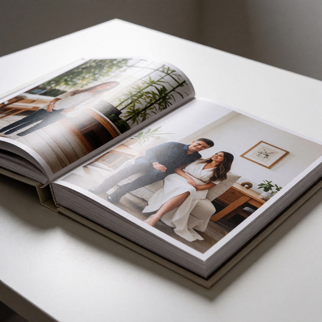 A printed photo album resting on a table surface, showcasing a professional photography studio product for business use.