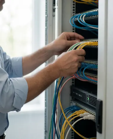 Close-up view of organized network cables connected to a server rack in an IT support environment