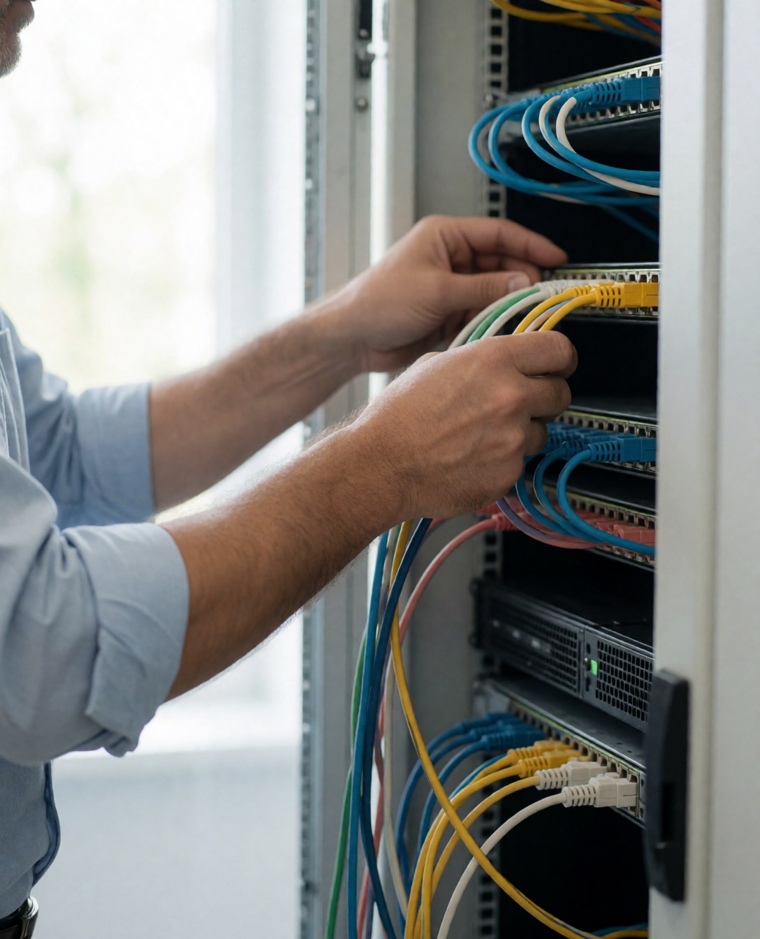 Close-up view of organized network cables connected to a server rack in an IT support environment