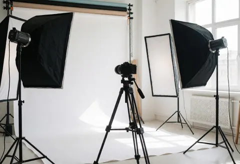An empty professional photo studio featuring a camera on a tripod, softbox lights, and a white backdrop in a bright, clean environment.